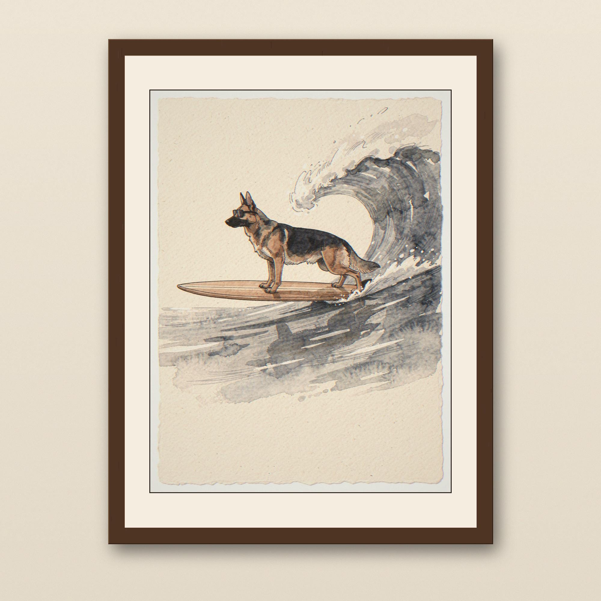 German Shepherd Surfing Print - walnut framed art print with cream mat on plaster wall