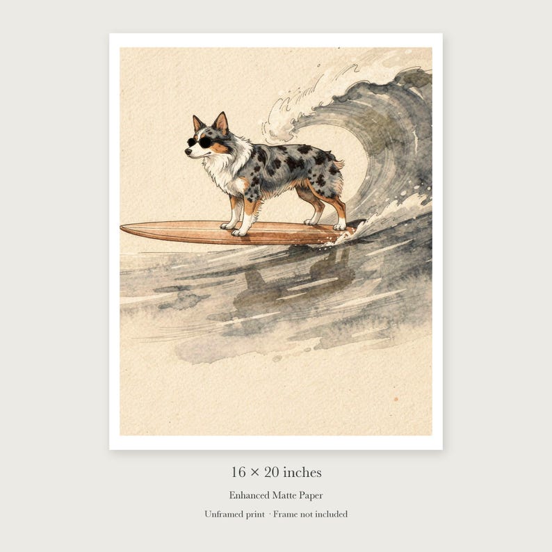Australian Shepherd Surfing unframed 16 by 20 inch print on enhanced matte paper, shown with its white paper border.