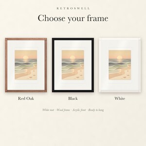 Frame options for Pastel Sunset Shoreline Nursery: Red Oak, black and white wood frames, each with a white mat.