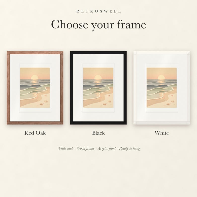 Frame options for Pastel Sunset Shoreline Nursery: Red Oak, black and white wood frames, each with a white mat.