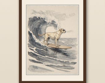 Labrador Surfing Print | Watercolor Lab Surf Wall Art | Coastal Dog Beach Decor | Labrador Retriever Gift