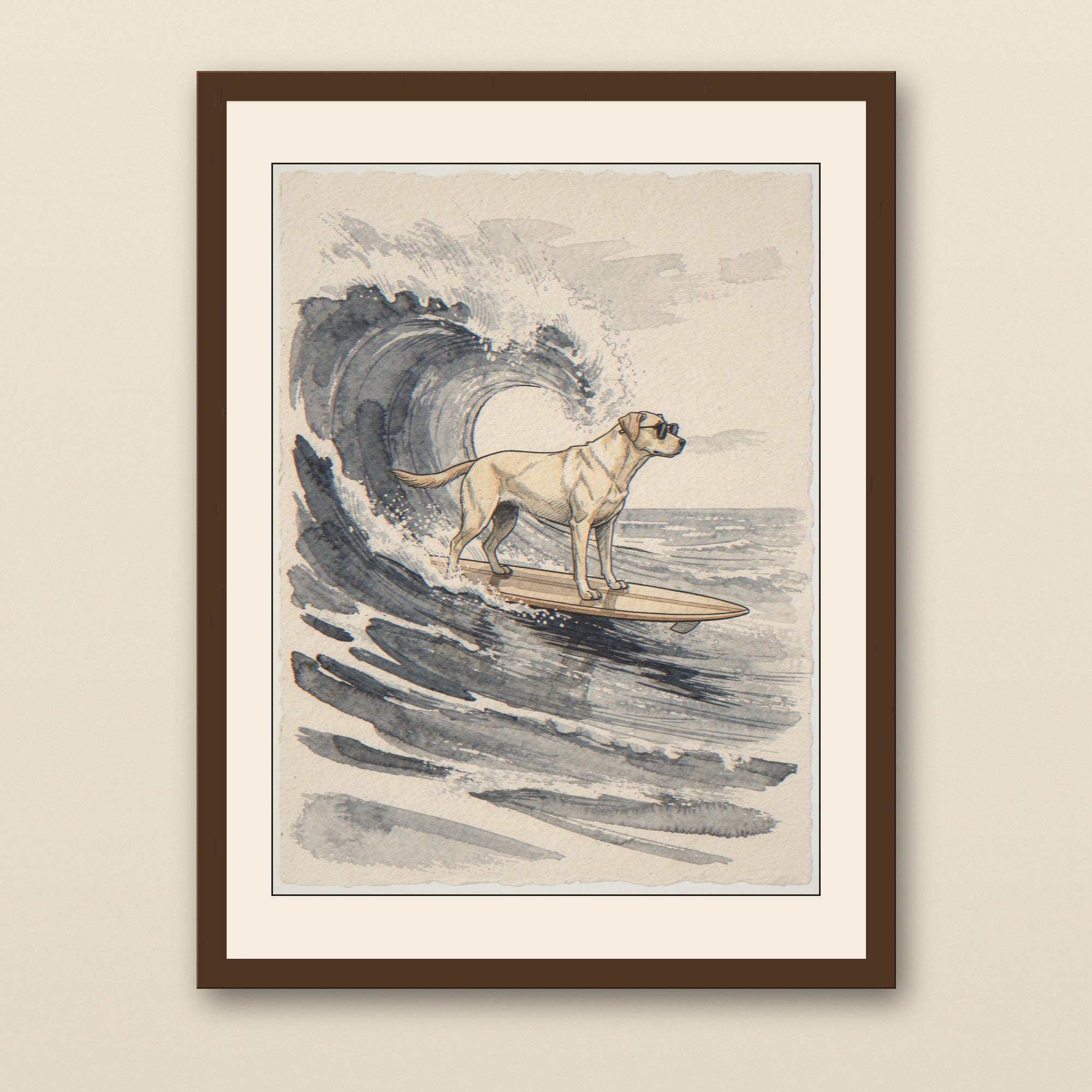 Labrador Surfing Print - walnut framed art print with cream mat on plaster wall