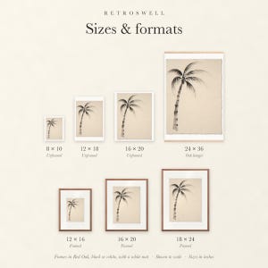 Sizes and formats for Lone Palm Tree Ink Style, shown to scale: unframed prints, oak hanger and framed prints.