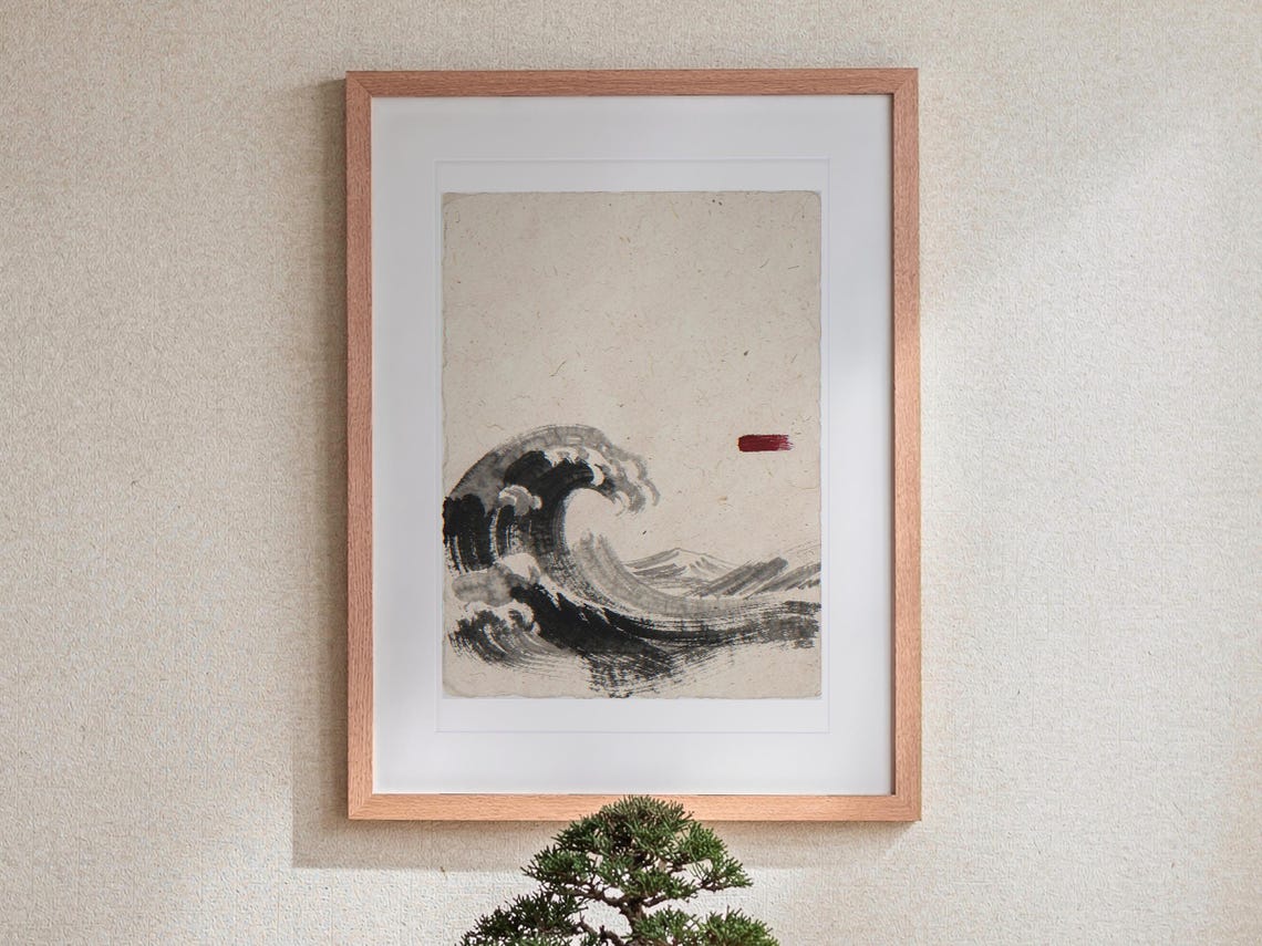 Wave Ink Style print in a Red Oak frame with a white mat, leaning against the wall above the tea table in a tea room.