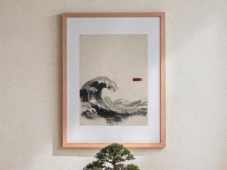 Wave Ink Style print in a Red Oak frame with a white mat, leaning against the wall above the tea table in a tea room.
