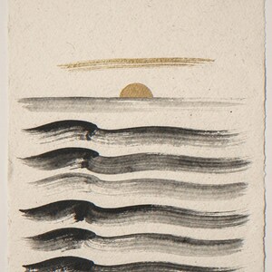Layered waves and golden sun unframed printed artwork and full composition with its paper border.