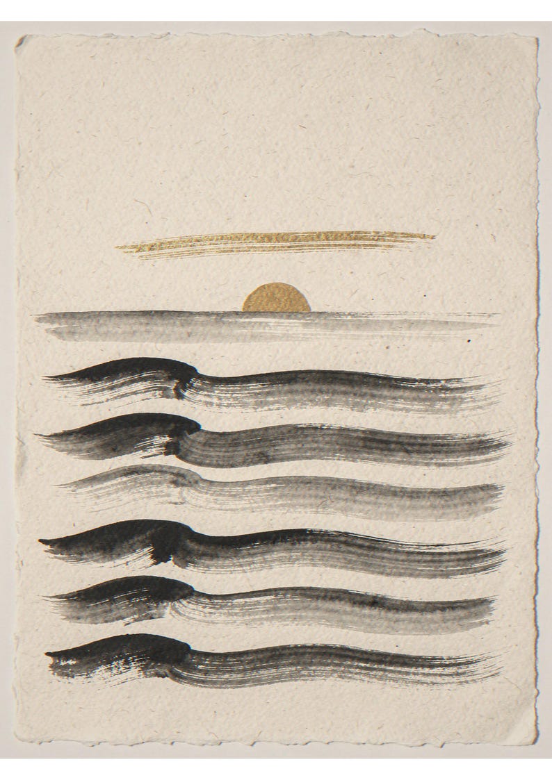 Layered waves and golden sun unframed printed artwork and full composition with its paper border.