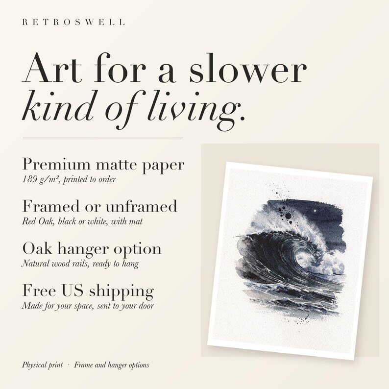 RetroSwell print details for Moonlit Wave Watercolor: premium 189 g/m² matte paper, framed or unframed, oak hanger option, free US shipping.