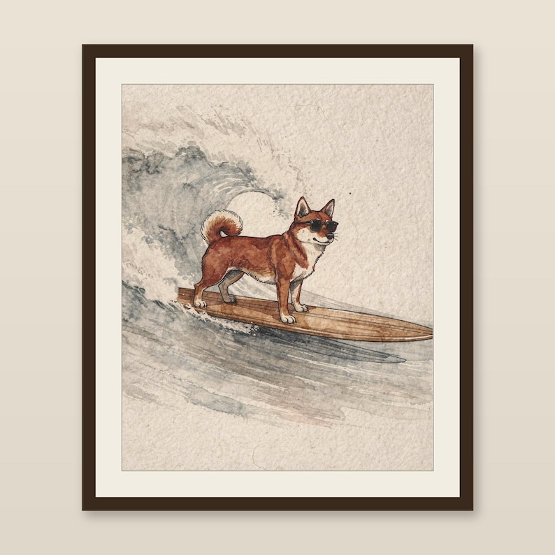 Shiba Inu Surfing Print | Watercolor Dog Wall Art | Coastal Beach Decor | Printable Instant Download | Shiba Gift image 1