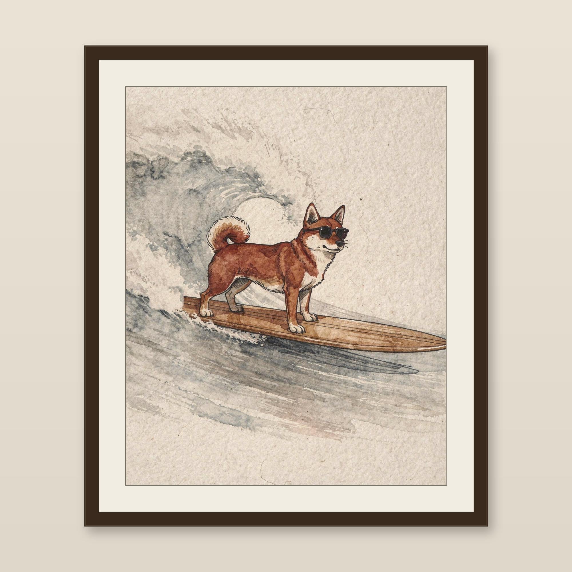 Shiba Inu Surfing Print | Watercolor Dog Wall Art | Coastal Beach Decor | Printable Instant Download | Shiba Gift