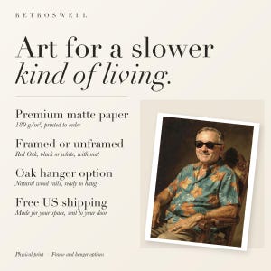 RetroSwell print details for Harry S. Truman Surfer: premium 189 g/m² matte paper, framed or unframed, oak hanger option, free US shipping.