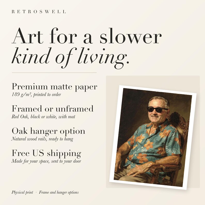 RetroSwell print details for Harry S. Truman Surfer: premium 189 g/m² matte paper, framed or unframed, oak hanger option, free US shipping.