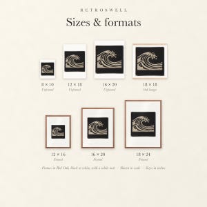 Sizes and formats for Wave Patch, shown to scale: unframed prints, oak hanger and framed prints.