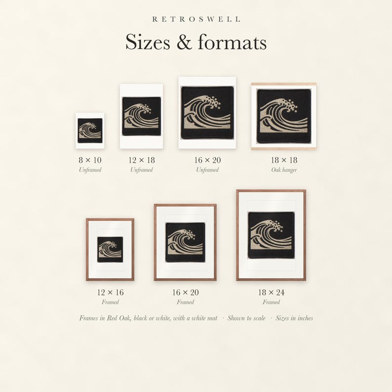 Sizes and formats for Wave Patch, shown to scale: unframed prints, oak hanger and framed prints.