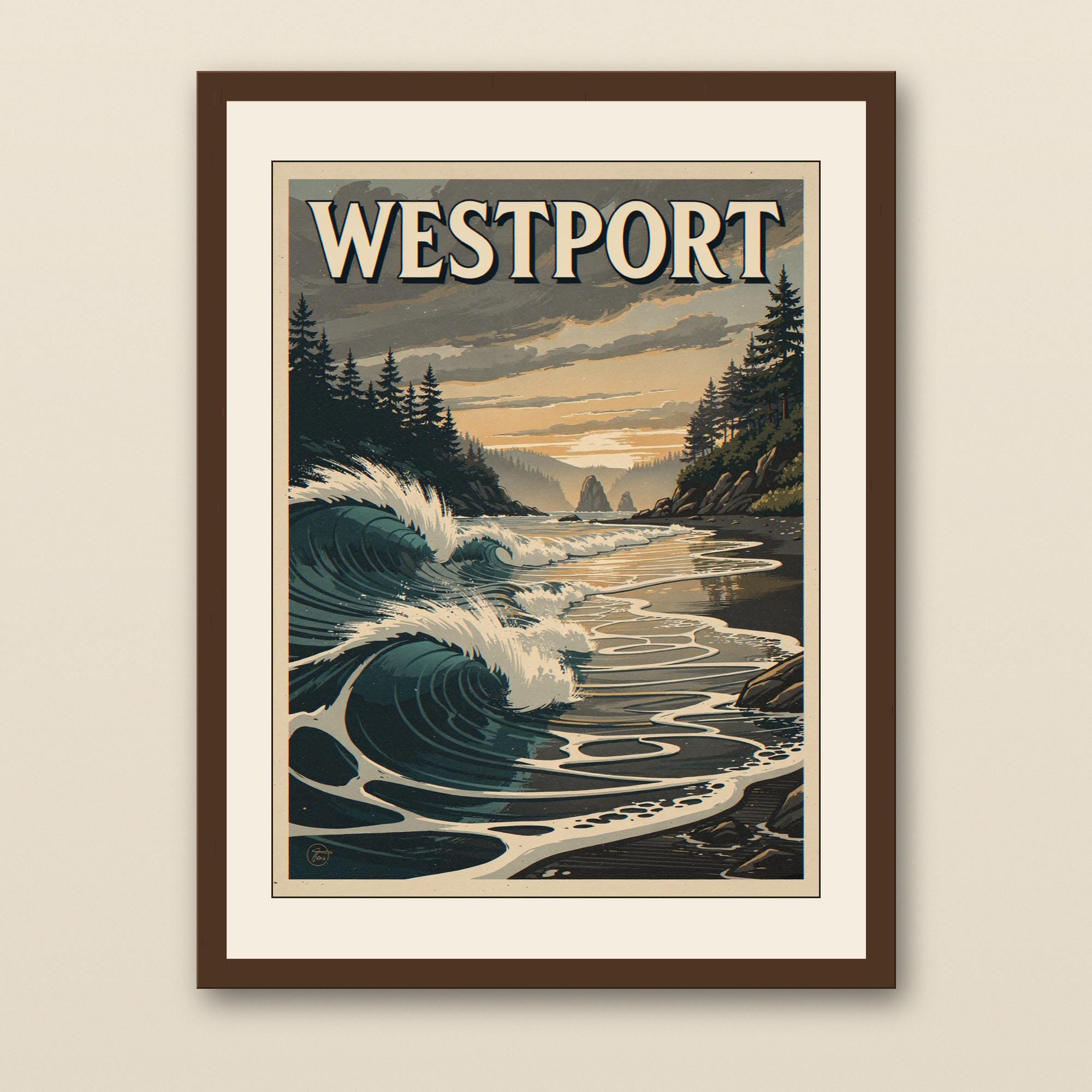 Westport Surf Poster - walnut framed art print with cream mat on plaster wall