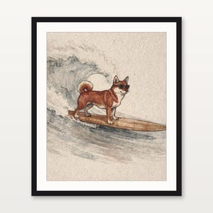 Shiba Inu Surfing Print | Watercolor Dog Wall Art | Coastal Beach Decor | Printable Instant Download | Shiba Gift image 2