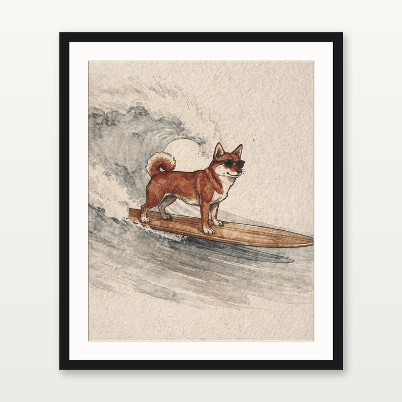 Shiba Inu Surfing Print | Watercolor Dog Wall Art | Coastal Beach Decor | Printable Instant Download | Shiba Gift image 2