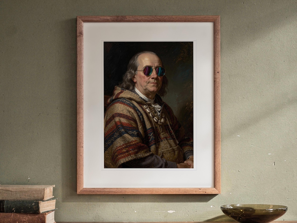 Benjamin Franklin print in a Red Oak frame with a white mat, hanging above the sideboard in a mid-century living room.