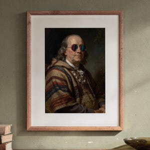 Benjamin Franklin print in a Red Oak frame with a white mat, hanging above the sideboard in a mid-century living room.