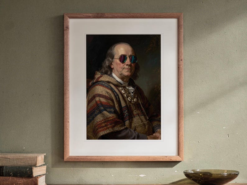 Benjamin Franklin print in a Red Oak frame with a white mat, hanging above the sideboard in a mid-century living room.