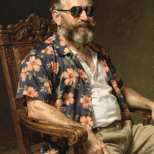 Ulysses S. Grant surfer portrait, full artwork: classical oil-painting style, sunglasses and a Hawaiian shirt.