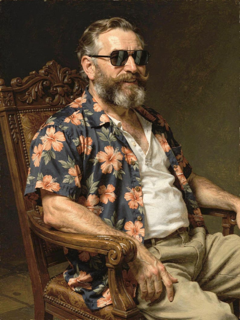 Ulysses S. Grant surfer portrait, full artwork: classical oil-painting style, sunglasses and a Hawaiian shirt.