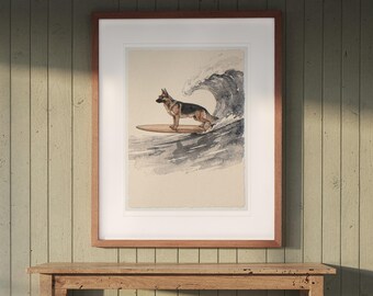 Lámina artística de pastor alemán surfeando, póster de perro costero con o sin marco.