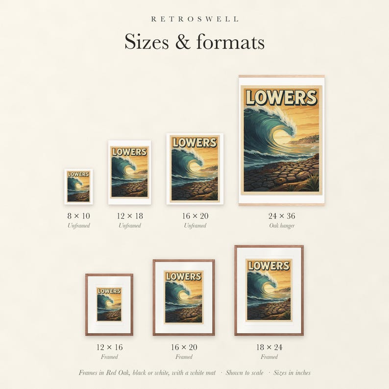 Sizes and formats for Lowers Trestles Surf, shown to scale: unframed prints, oak hanger and framed prints.