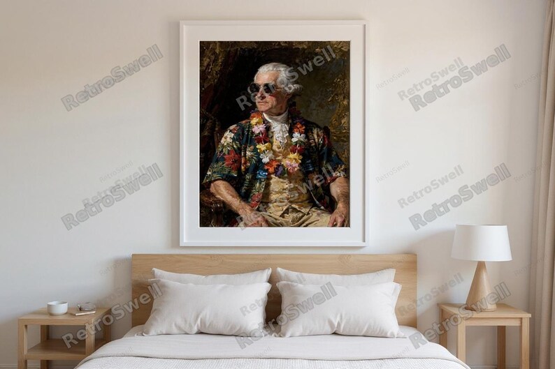 John Adams Surf Art Print framed in a modern bedroom setting