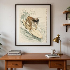 Bulldog Surfing Print framed in a home office setting