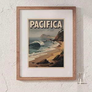 Pacifica Surf Travel Poster print in a Red Oak frame with a white mat, hanging above the bedside table in a calm bedroom.