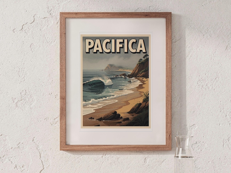 Pacifica Surf Travel Poster print in a Red Oak frame with a white mat, hanging above the bedside table in a calm bedroom.