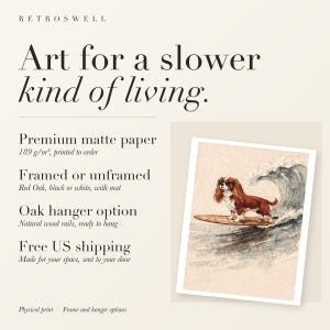 RetroSwell print details for Cavalier King Charles Spaniel Surfing: premium 189 g/m² matte paper, framed or unframed, oak hanger option, free US shipping.