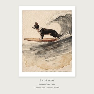 Black and White Surfing Dog Art Print, Framed or Unframed Coastal Poster image 7