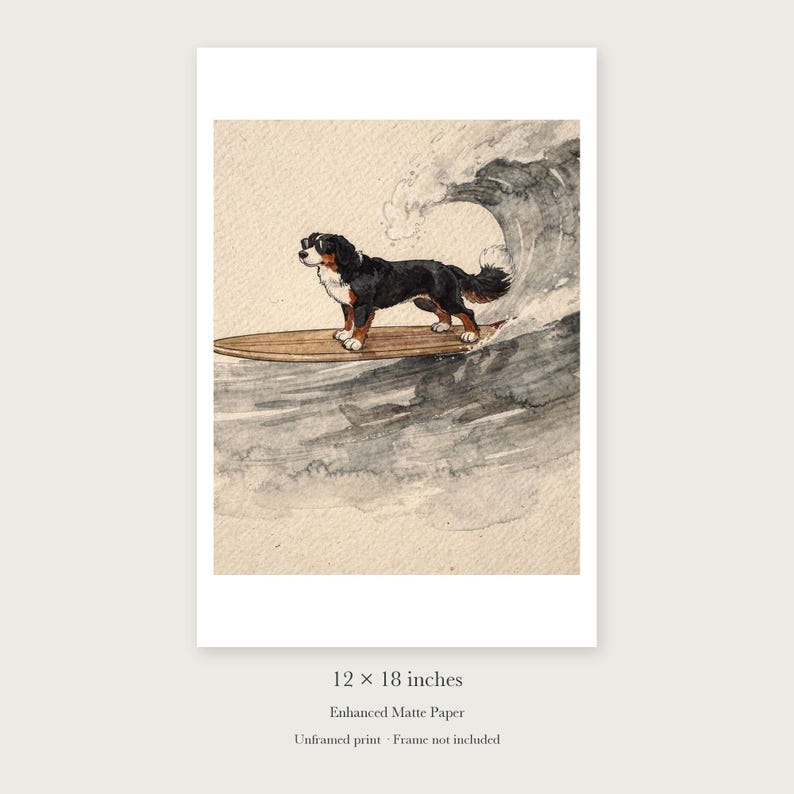 Bernese Mountain Dog Surfing unframed 12 by 18 inch print on enhanced matte paper, shown with its white paper border.