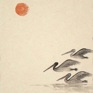 Pelicans with orange sun unframed printed artwork and full composition with its paper border.