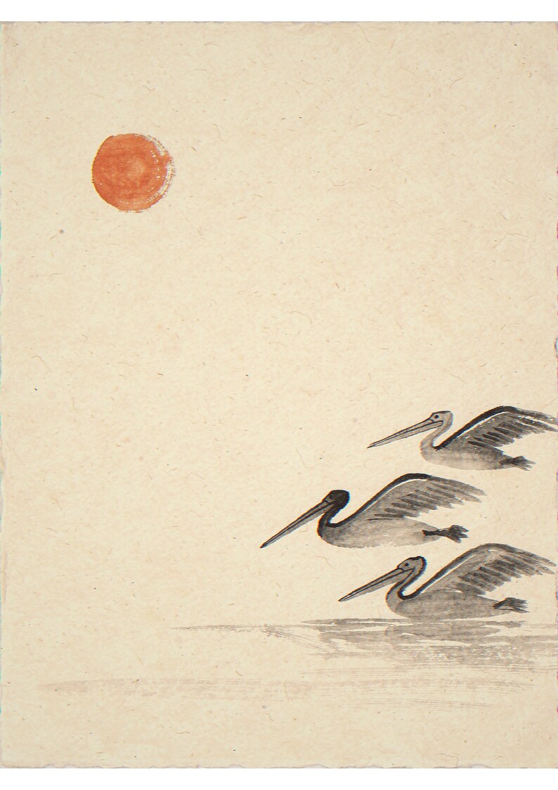 Pelicans with orange sun unframed printed artwork and full composition with its paper border.