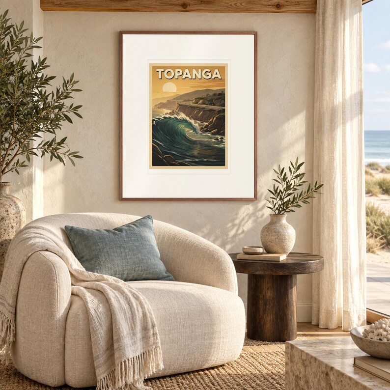 Topanga Surf print in a Red Oak frame with a white mat in a light-filled coastal sitting room.