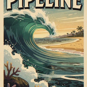 Pipeline coastal wave unframed printed artwork and full composition with its paper border.