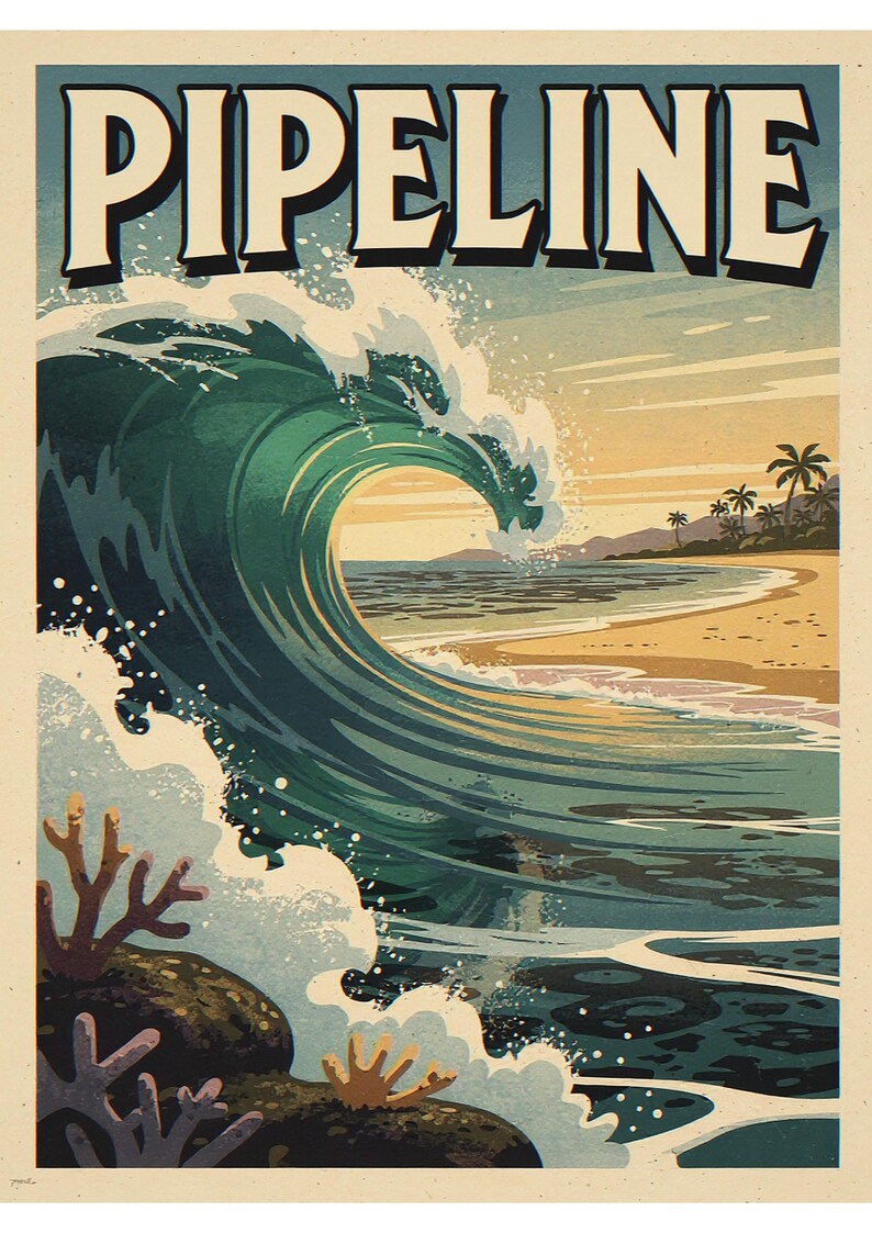 Pipeline coastal wave unframed printed artwork and full composition with its paper border.