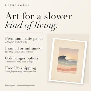 RetroSwell print details for Pastel Morning Swells Nursery: premium 189 g/m² matte paper, framed or unframed, oak hanger option, free US shipping.