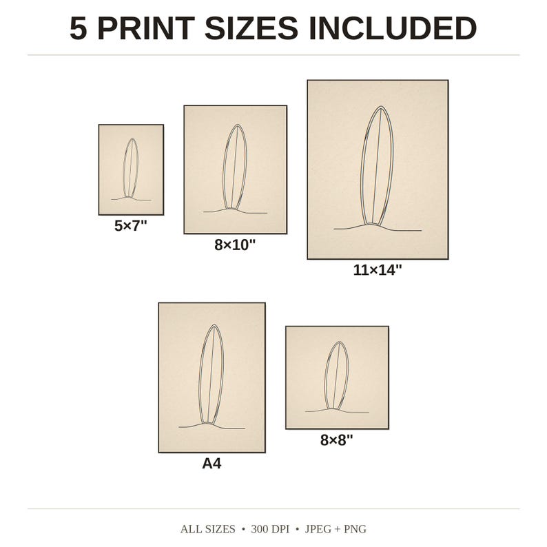 Boho Longboard in Sand Line Art - available print sizes: 5x7, 8x10, 11x14, A4, and square