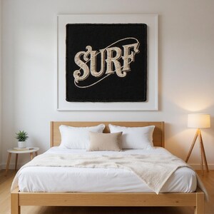Surf Embroidered Patch Print framed in a modern bedroom setting