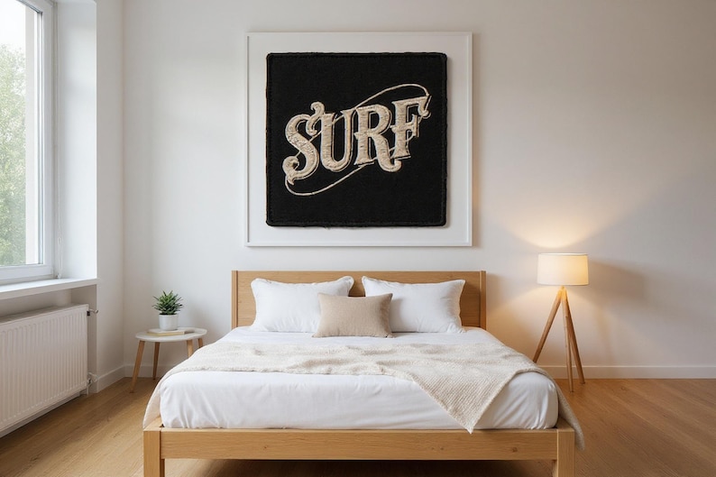 Surf Embroidered Patch Print framed in a modern bedroom setting