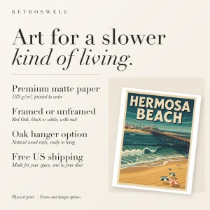 RetroSwell print details for Hermosa Beach Surf: premium 189 g/m² matte paper, framed or unframed, oak hanger option, free US shipping.