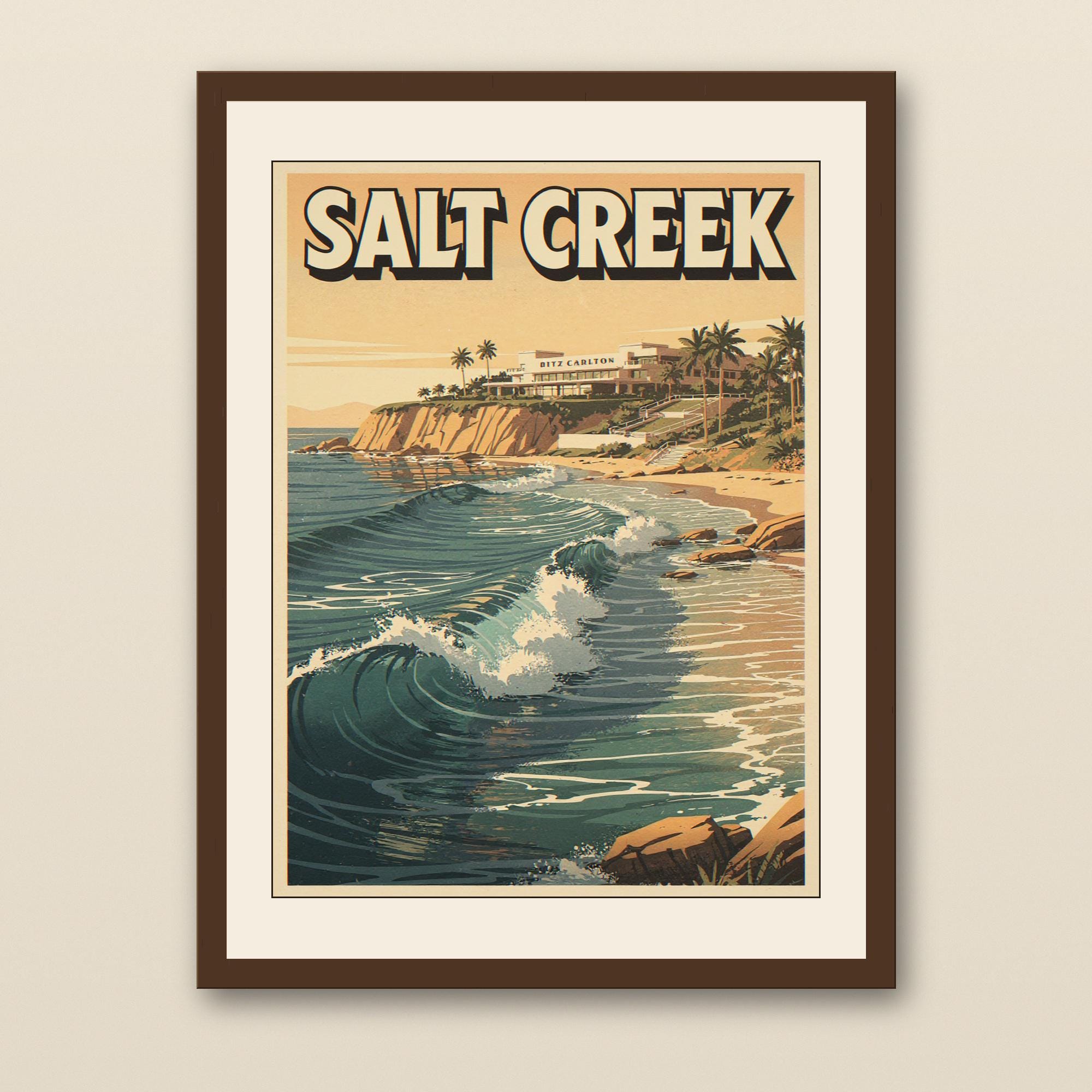 Salt Creek Surf Poster - walnut framed art print with cream mat on plaster wall
