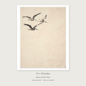 Flying Pelicans Ink Style unframed 16 by 20 inch print on enhanced matte paper, shown with its white paper border.
