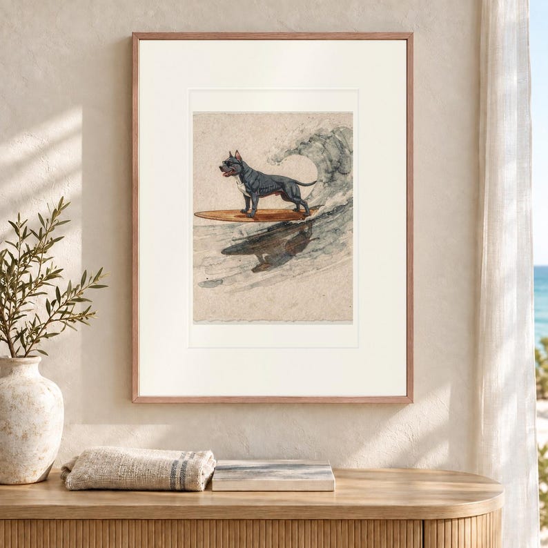 Pit Bull Surfing Art Print, Framed or Unframed Coastal Dog Poster image 12