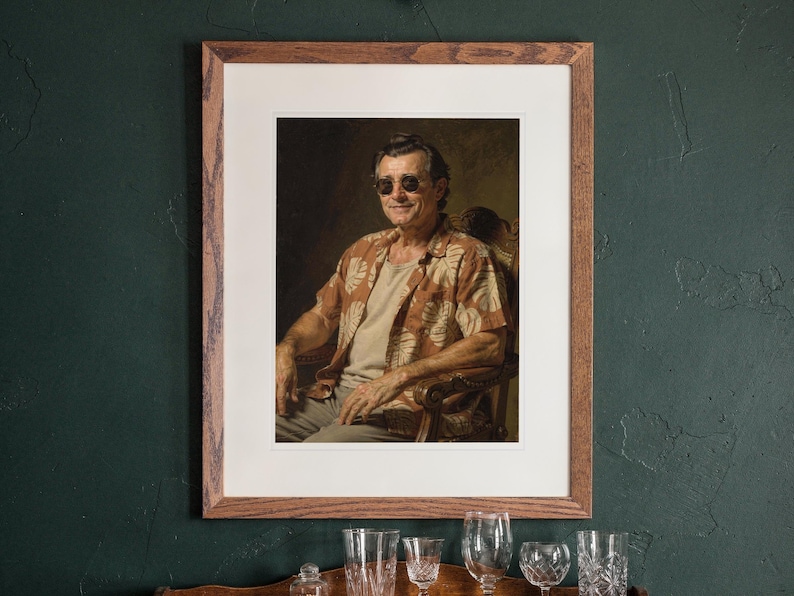 James Monroe Surfer print in a Red Oak frame with a white mat, hanging above the cabinet in a game room.