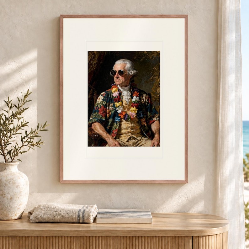 Lámina artística de John Adams, retrato divertido con camisa tropical y gafas de sol, enmarcada o sin enmarcar. imagen 12